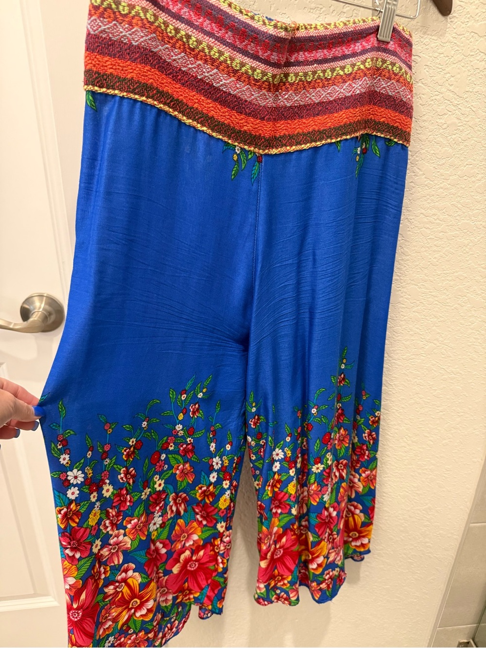 Blue Floral Wide-Leg crop Pants with Multicolor Smocked Waist